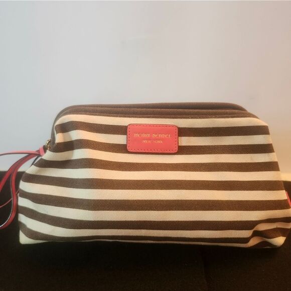 Henri Bendel Signature Striped Canvas Cosmetics Zipped Pouch/Case Ret.$175 - Picture 1 of 7